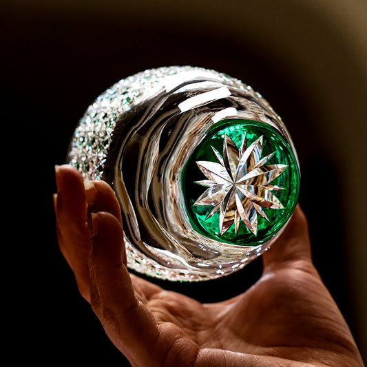 Whiskey Glass Edo Kiriko Celestial Green Starburst – Hand-Cut Chrysanthemum Japanese Tumbler with Wooden Box