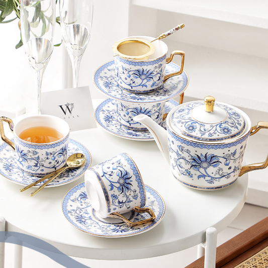 Tea Set Bone China Blue Floral Harmony Ceramic Teacup Saucer Teapot Wedding Gift Set Hand-Painted Floral