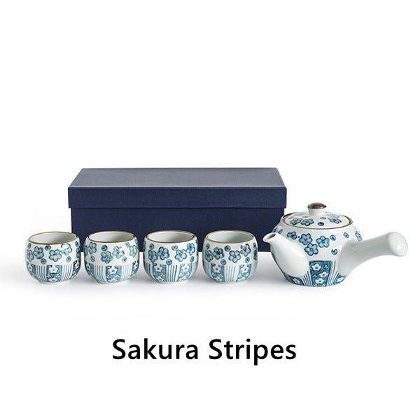 Ceramic Tea Set Japanese Handcrafted Blue Sakura Teapot and 4 Cups Cherry Blossom Gift Box