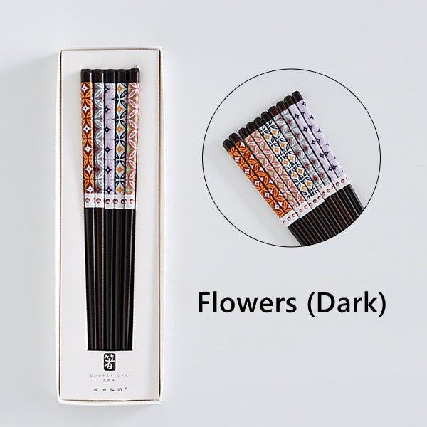 Wooden Chopsticks Set Japanese Family 5 Pairs Flowers Fan Assorted