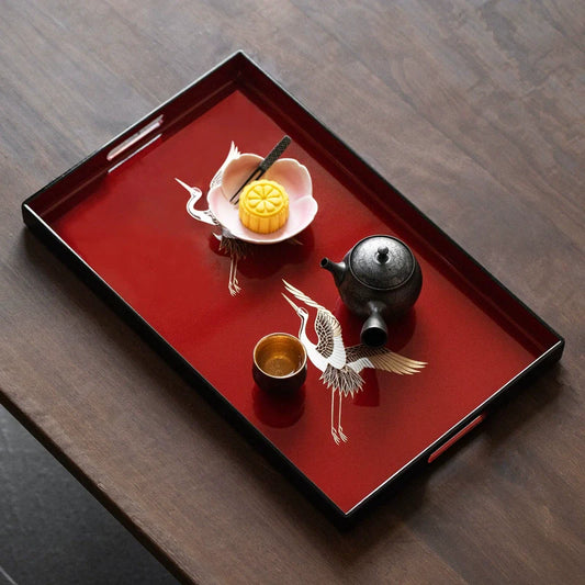Crimson Crane Lacquer Tray β Yamanaka Shikki Gold Foil