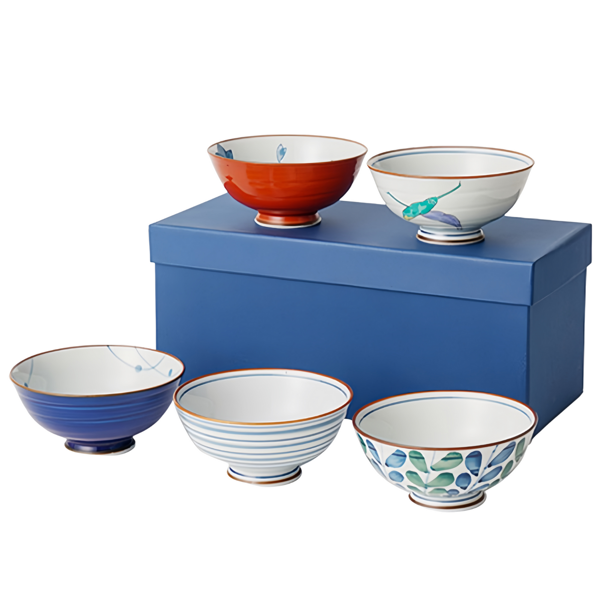 Bowl Set Arita Ware Shikayama Hand-Painted Japanese Ceramic Rice Bowl Set of 5 Wooden Box Made in Japan
