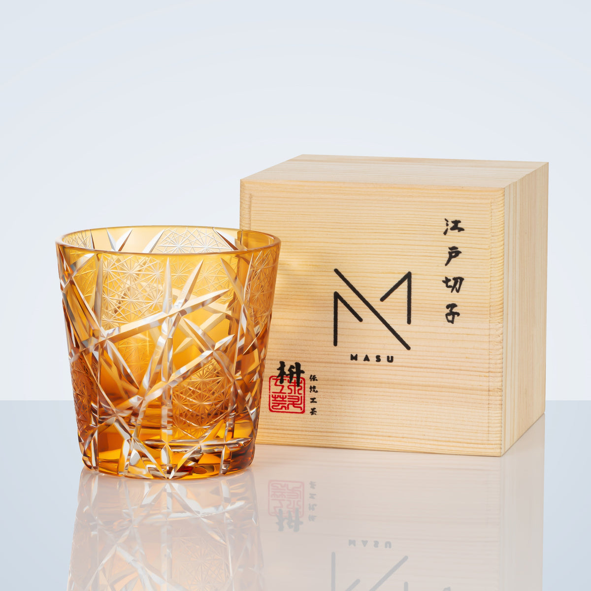 Whiskey Glass Edo Kiriko Amber Crane Lightning – Hand-Cut Japanese Tumbler with Wooden Box