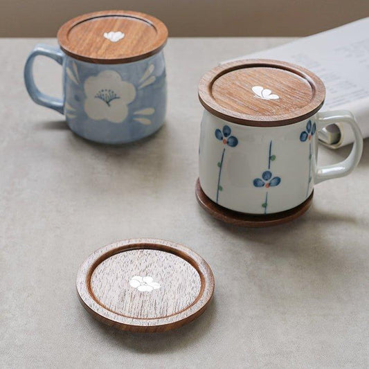 Japanese Walnut Wood Tea Cup Lid – Plum Butterfly Orchid Bird