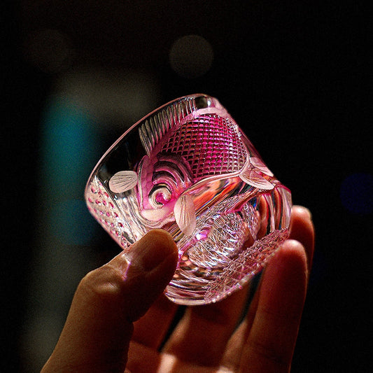 Whiskey Glass Rose Koi | Edo Kiriko Handcrafted Red Crystal Barware