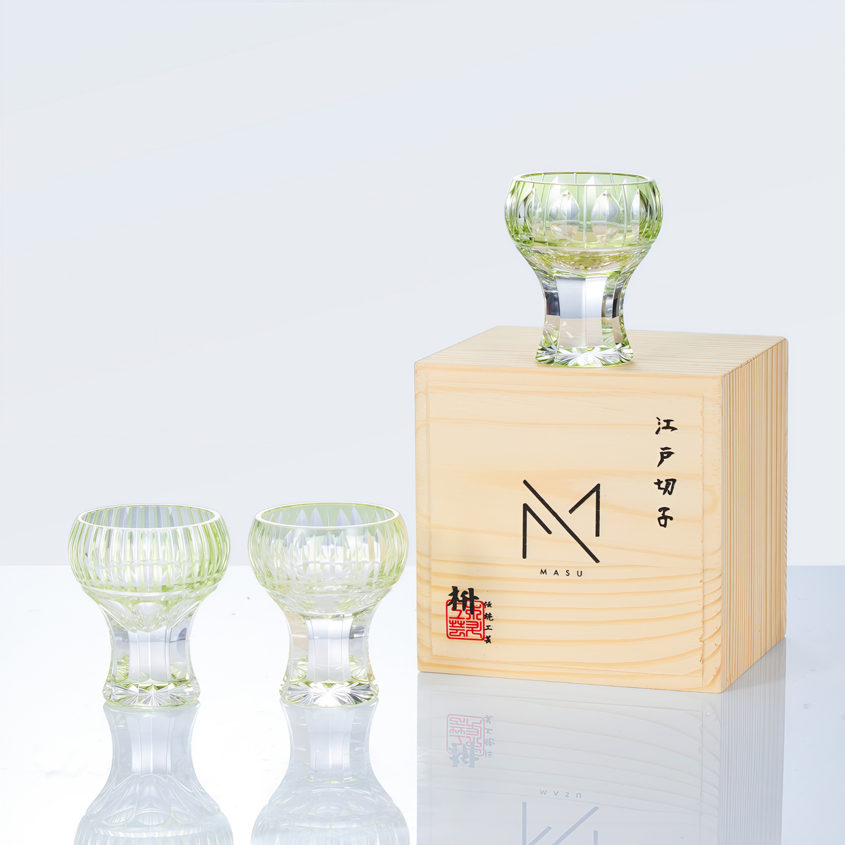 Sake Cup Edo Kiriko Kinpu Hand-Cut Crystal | Tama Tate-Suji Ruri Blue Olive Green Japanese Glassware