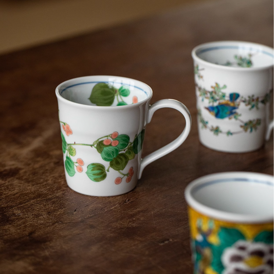 Japanese Ceramic Mug – Kutaniyaki Floral Bird Swallow Forest