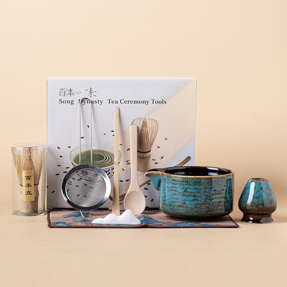 Matcha Tea Set Blue Green Glaze Ceramic Chawan Whisk Kit