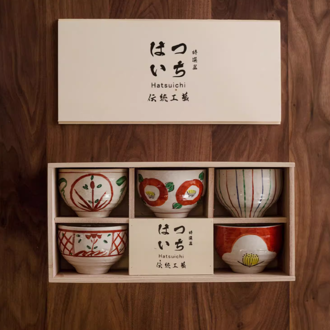 Japanese Bowl Set of 5 – Kutaniyaki Akae Camellia Wooden Box