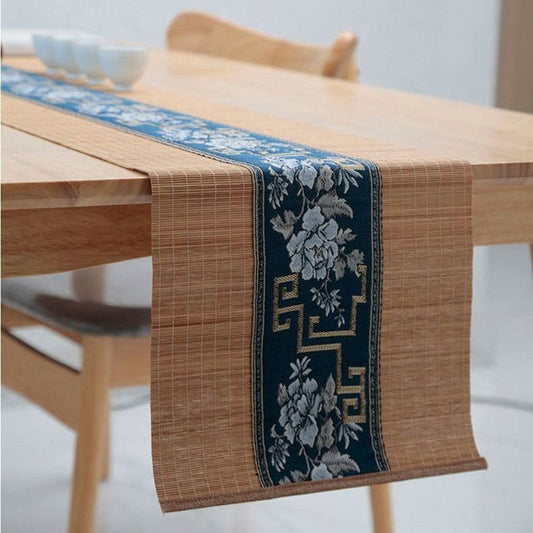 Bamboo Tea Table Mat Blue Satin Embroidery 3 Sizes Rollable