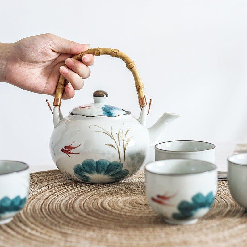 Ceramic Tea Set Goldfish Japanese Handcrafted Teapot 4 Cups Lucky