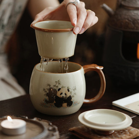Ruyao Tea Cup with Infuser | Panda Bamboo Crackle Glaze
