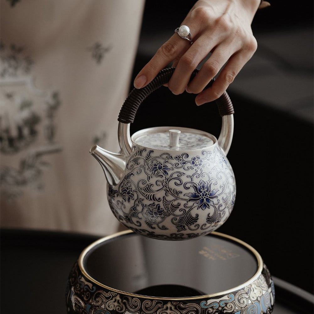 Chinese Teapot Blue White Porcelain Silver-Gilt Ruyi 600ml
