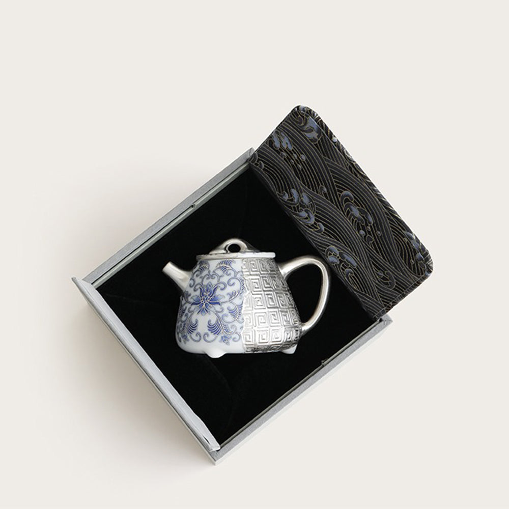 Shi Piao Teapot Silver-Gilt Blue White Dehua Porcelain 230ml
