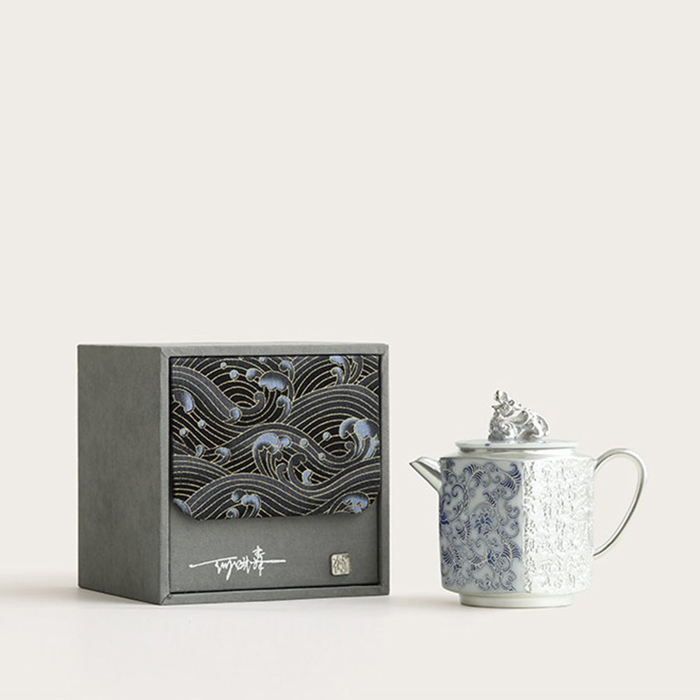 Gongfu Teapot Blue White Porcelain Silver-Gilt Engraved 140ml