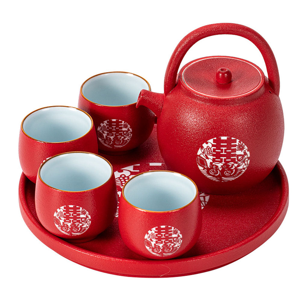 Red Wedding Tea Set Double Happiness Porcelain 1 Pot 4 Cups
