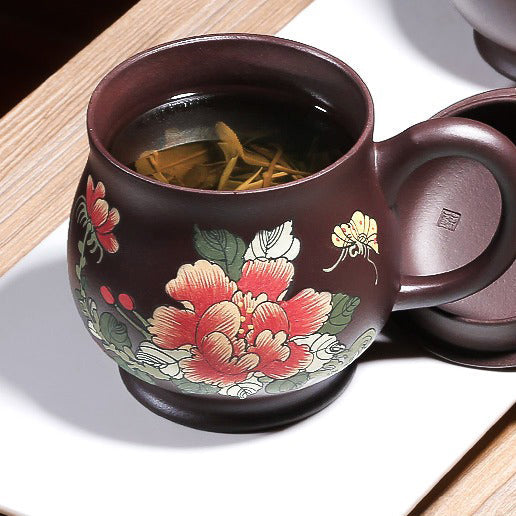 Handmade Purple Clay Peony Tea Cup with Lid