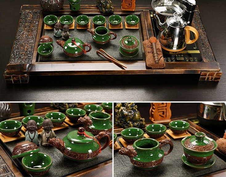 Ice Crack Glaze Gongfu Tea Set Stone Wood Tray Fu Carving