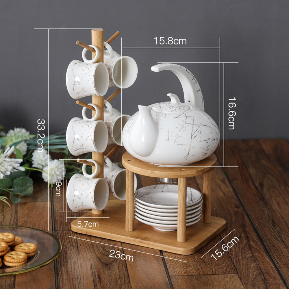 Ceramic Tea Set for 6 – Marble Glaze Teapot & Bamboo Rack