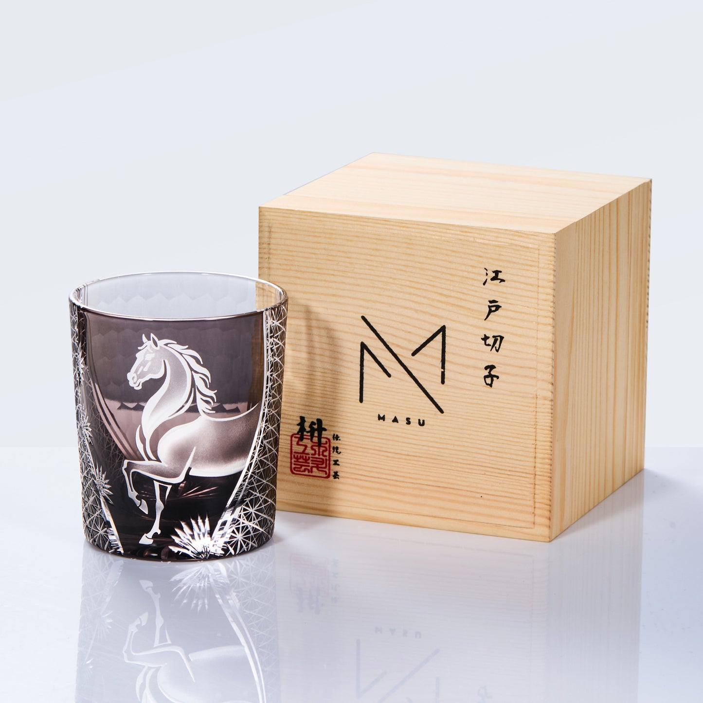 Whiskey Glass Meiba Horse | Edo Kiriko Handcrafted Crystal Glass Blue & Black