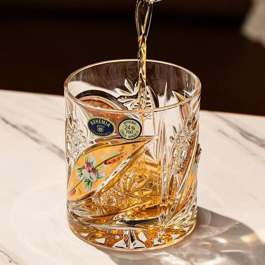 Whisky Glasses Bohemia Floral Enamel Crystal Hand-Painted Gold Gilt Czech Crystal Whisky Glass Gift Set of 2