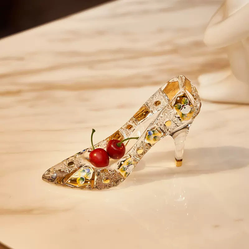 Crystal Slipper Ornament Bohemia Enchanted Cinderella Gold Enamel Floral Czech Crystal Glass Shoe Collectible Gift