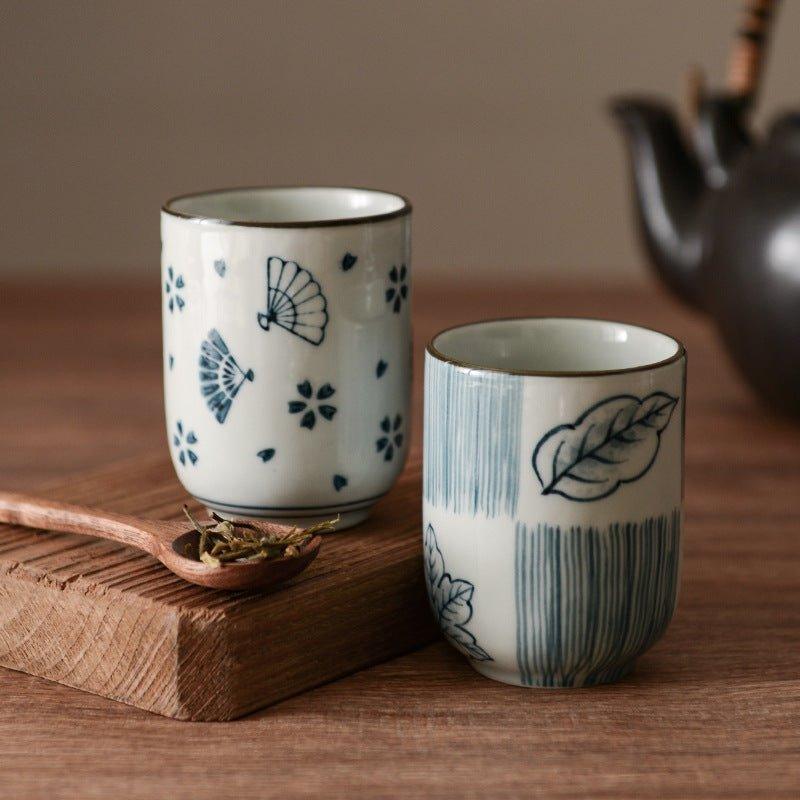 Ceramic Tea Cup Japanese Hand-Painted Leaves Fan Stripes Golden
