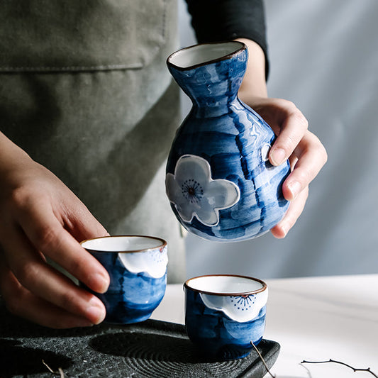 Japanese Sake Set – Sakura Ceramic 1 Flagon 4 Cups Blue Black