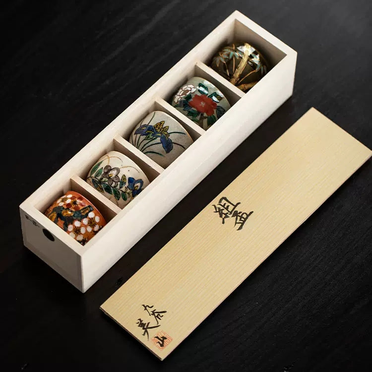 Japanese Tea Cup Set of 5 – Kutaniyaki Goh-Souka Wooden Box