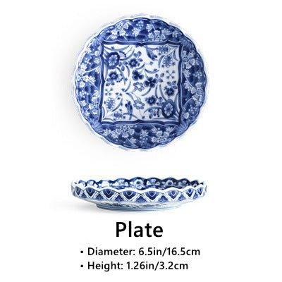 Blue and White Ceramic Bowl and Plate Japanese Handcrafted Traditional Nature Floral Design