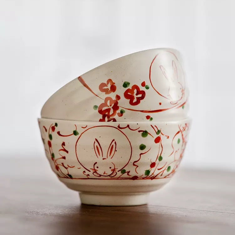 Japanese Ceramic Bowl Set of 5 – Mino Ware Rabbit Design