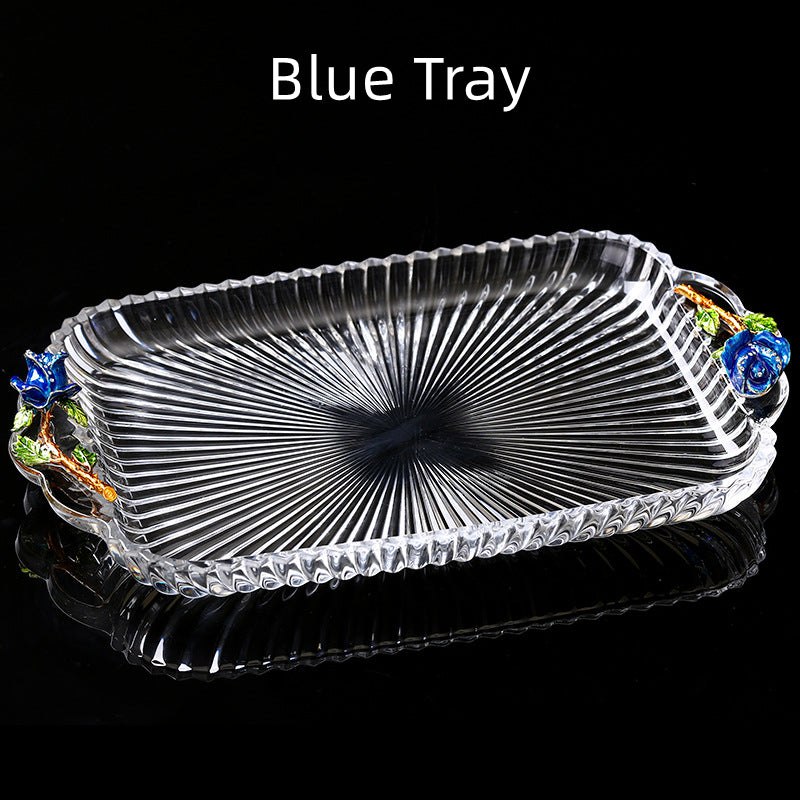 Glass Teapot & Cup Set – Metallic Floral 6 Cups Red Blue