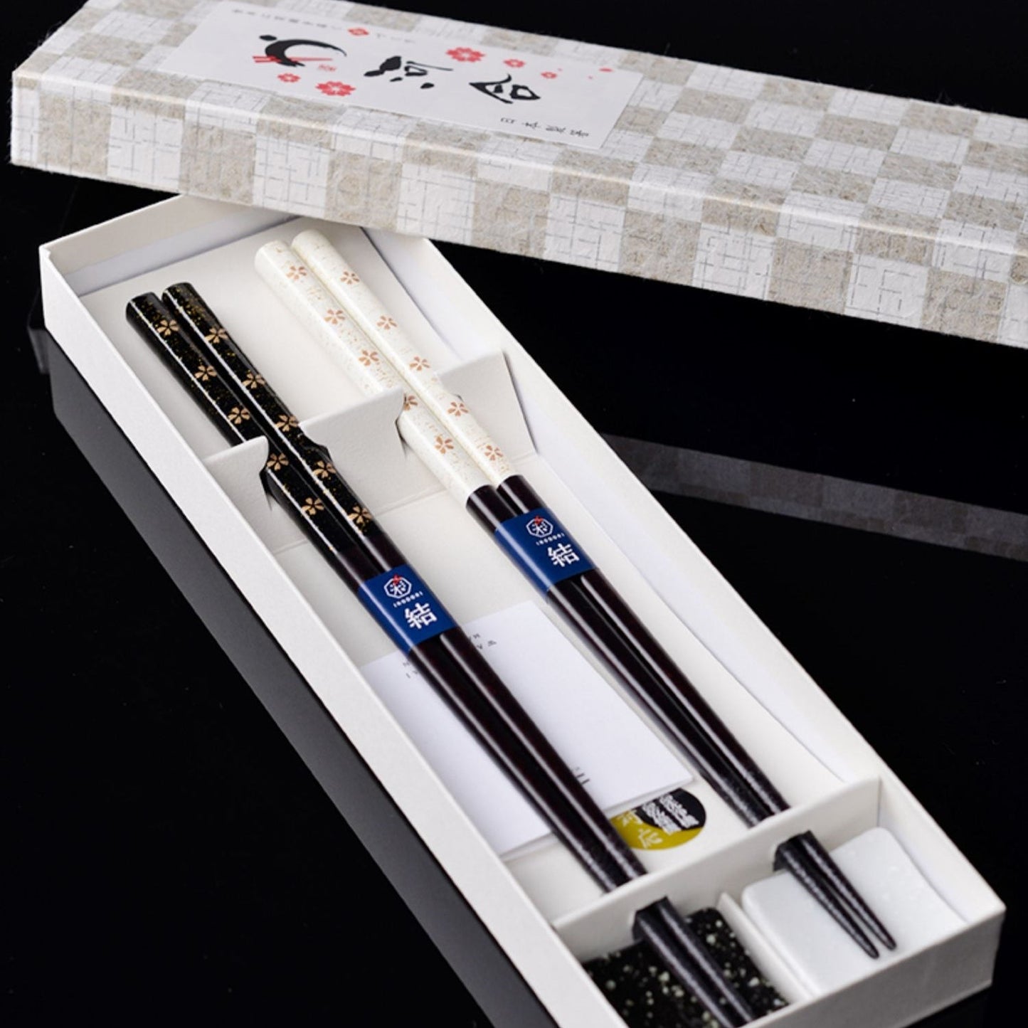 Wedding Chopsticks Gift Set | Golden Sakura Couple Black White
