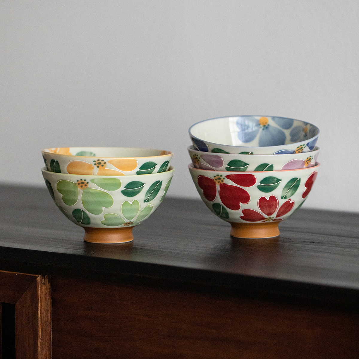 Rice Bowl Set of 5 – Mino Ware Saie Sakura Hand-Painted Ceramic