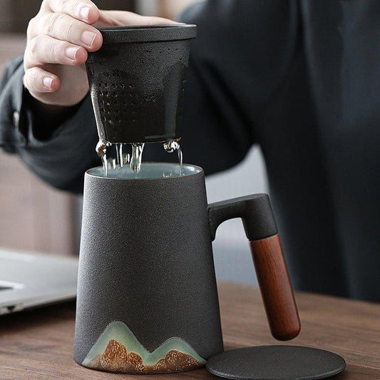 Ceramic Tea Cup with Filter – Mountain Design Large Capacity