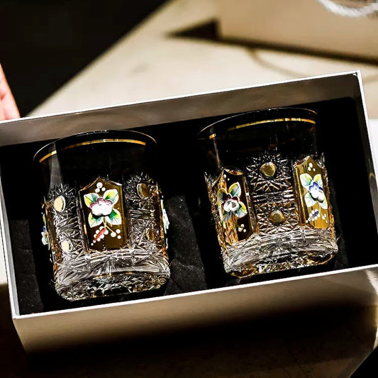 Whisky Glasses Bohemia Enchanted Blossom Cut Crystal Gold Enamel Floral Czech Crystal Whisky Glass Gift Set of 2