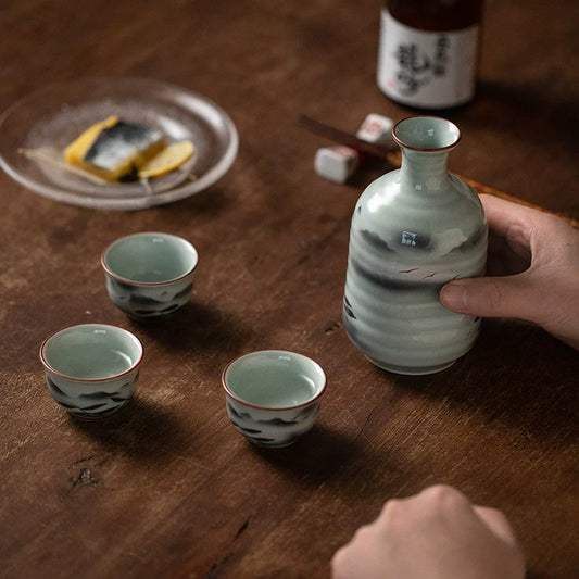 Sake Set Arita Ware Unkai Hand-Painted Japanese Ceramic Sake Flagon Cup Set Gold Foil Mountain Design Made in Japan