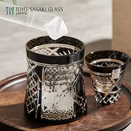 Sake Set Kiriko Glass – Gold Leaf Black Crystal Handcrafted