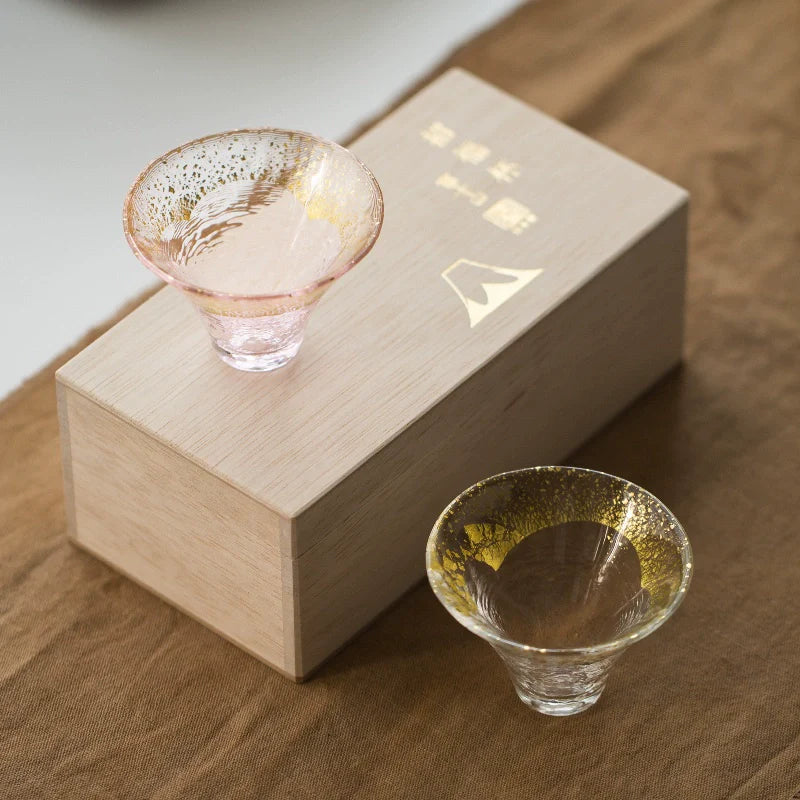 Sake Cup Set – Mt. Fuji Gold Leaf Kinka & Sakura Glass Pair