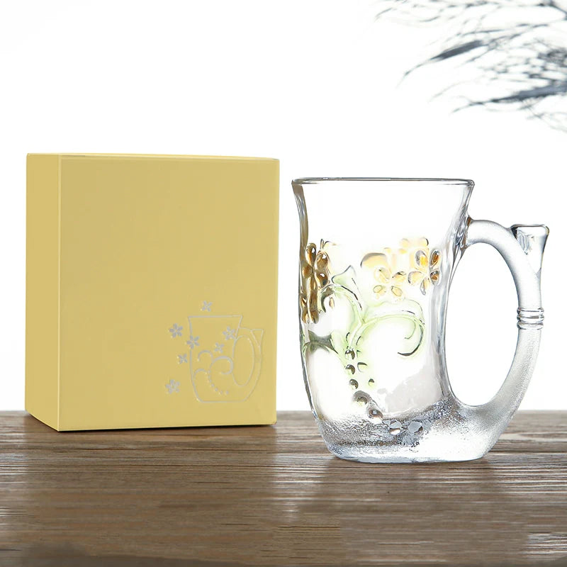 Glass Coffee Mug Set – Mermaid Tail Handle Floral Relief Drinkware