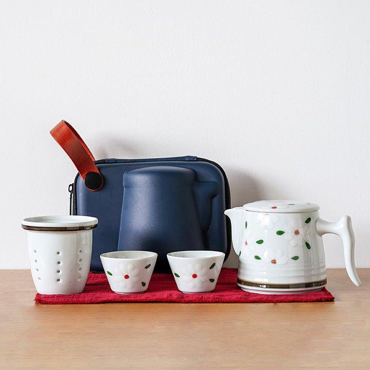 Ceramic Tea Set Japanese Floral Teapot 2 Cups with Carrying Case