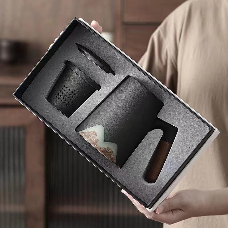 Ceramic Tea Cup with Filter – Mountain Design Large Capacity