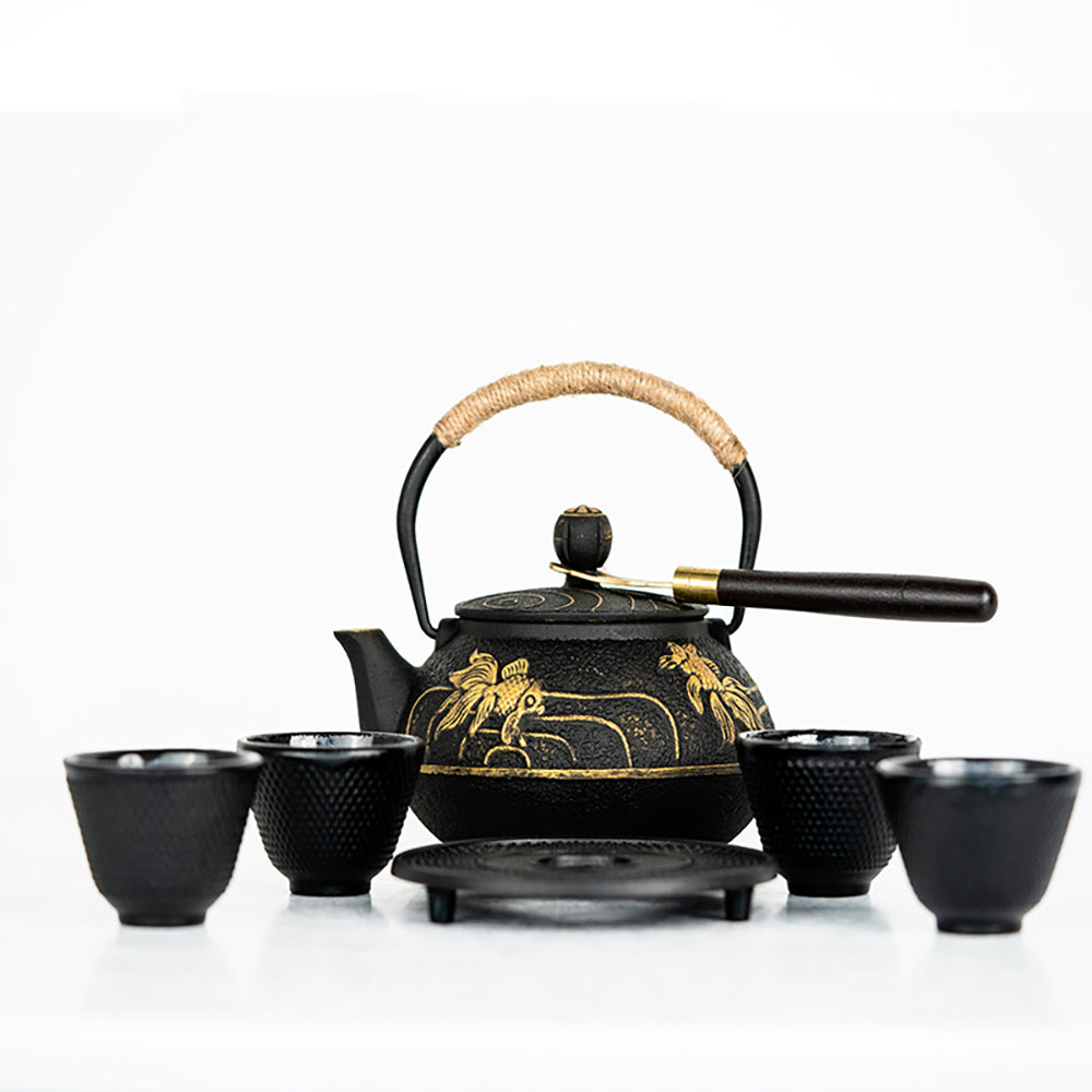 Cast Iron Goldfish Tea Set 1200ml Black Gold 6-Piece Tetsubin