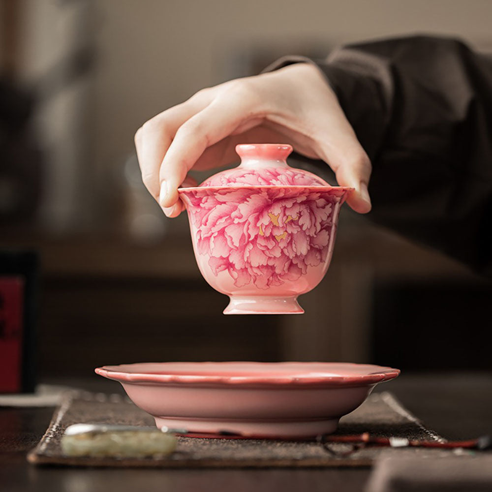 Gaiwan Ruyao Porcelain Pink Peony Tea Bowl with Saucer