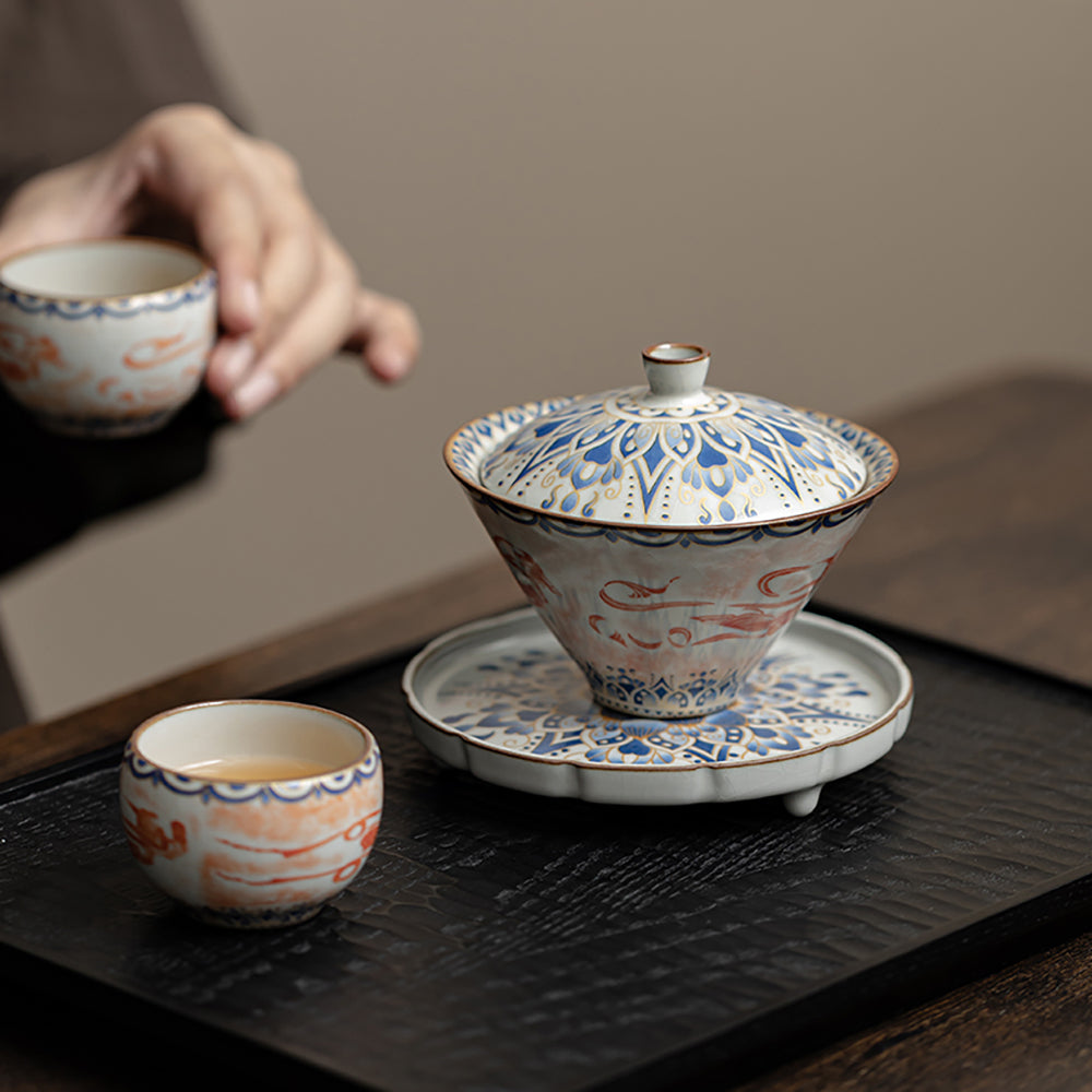 Gaiwan Tea Set – Cone Shape Ruyao Porcelain Dunhuang Flying Apsaras Lotus