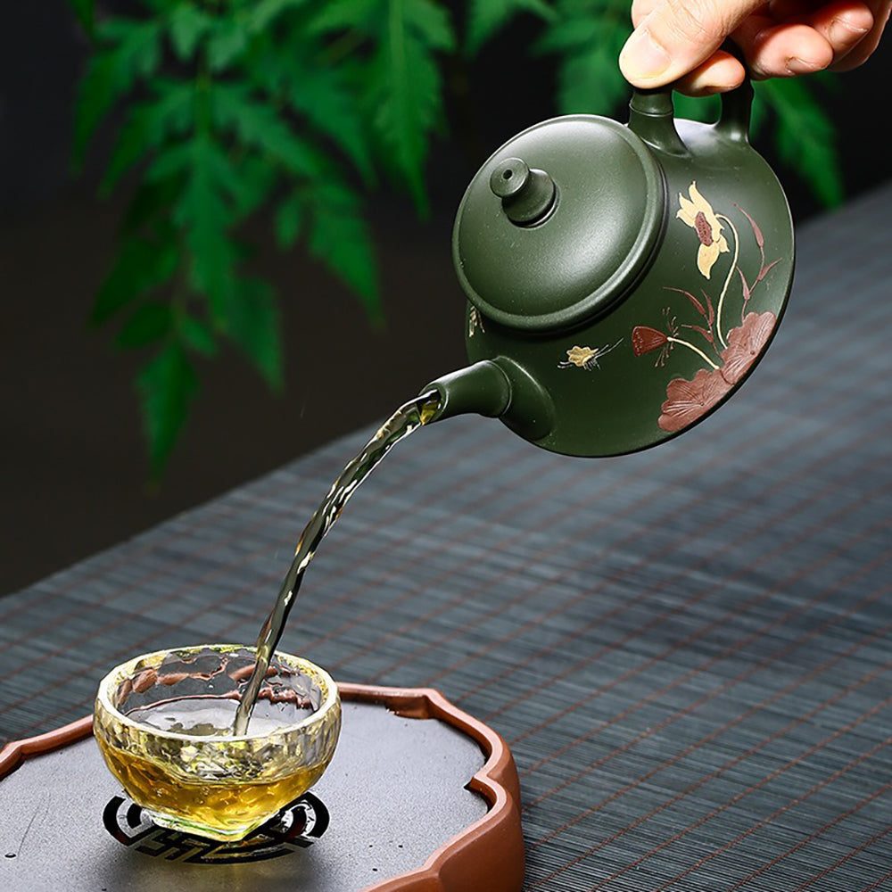 Lotus Teapot Yixing Green Clay Butterfly Carved Handmade 230ml
