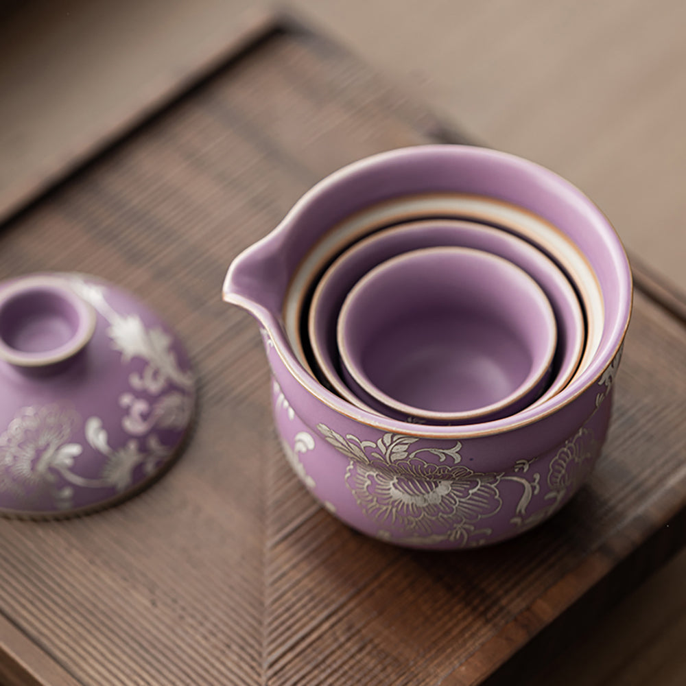 Travel Tea Set Ruyao Purple Peony Silver-Plated, 3-Piece
