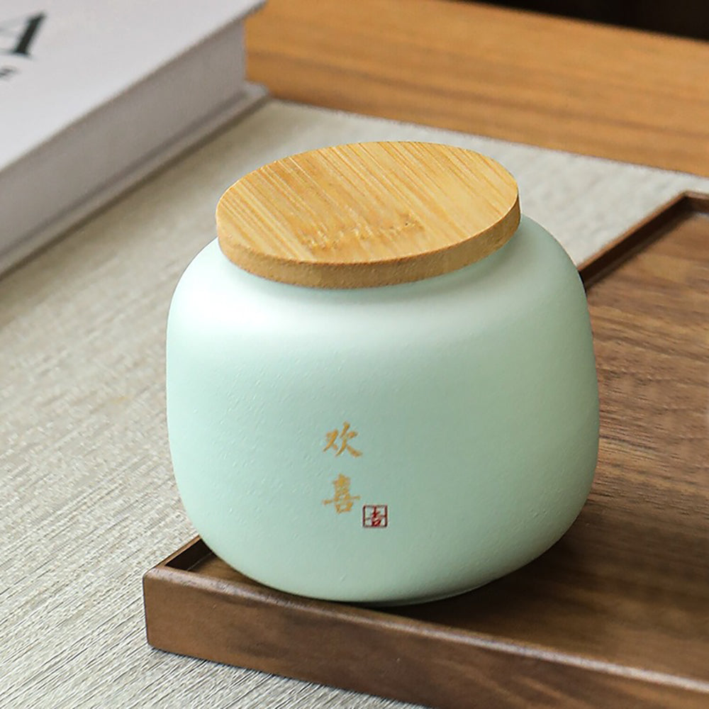 Tea Caddy Set of 4 Coarse Pottery Bamboo Lid 230ml Auspicious