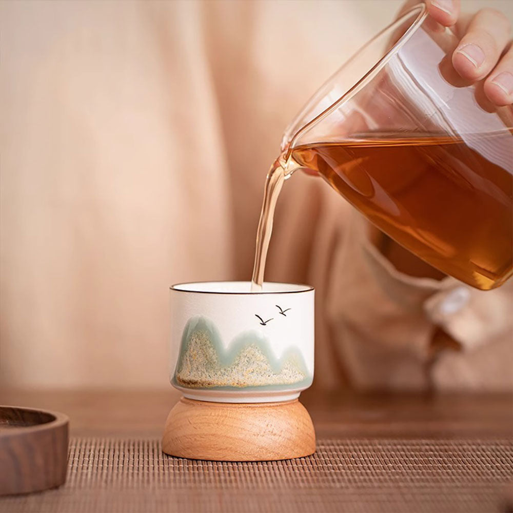 Gongfu Tea Cup Set 4pcs Wooden Base Landscape Painting