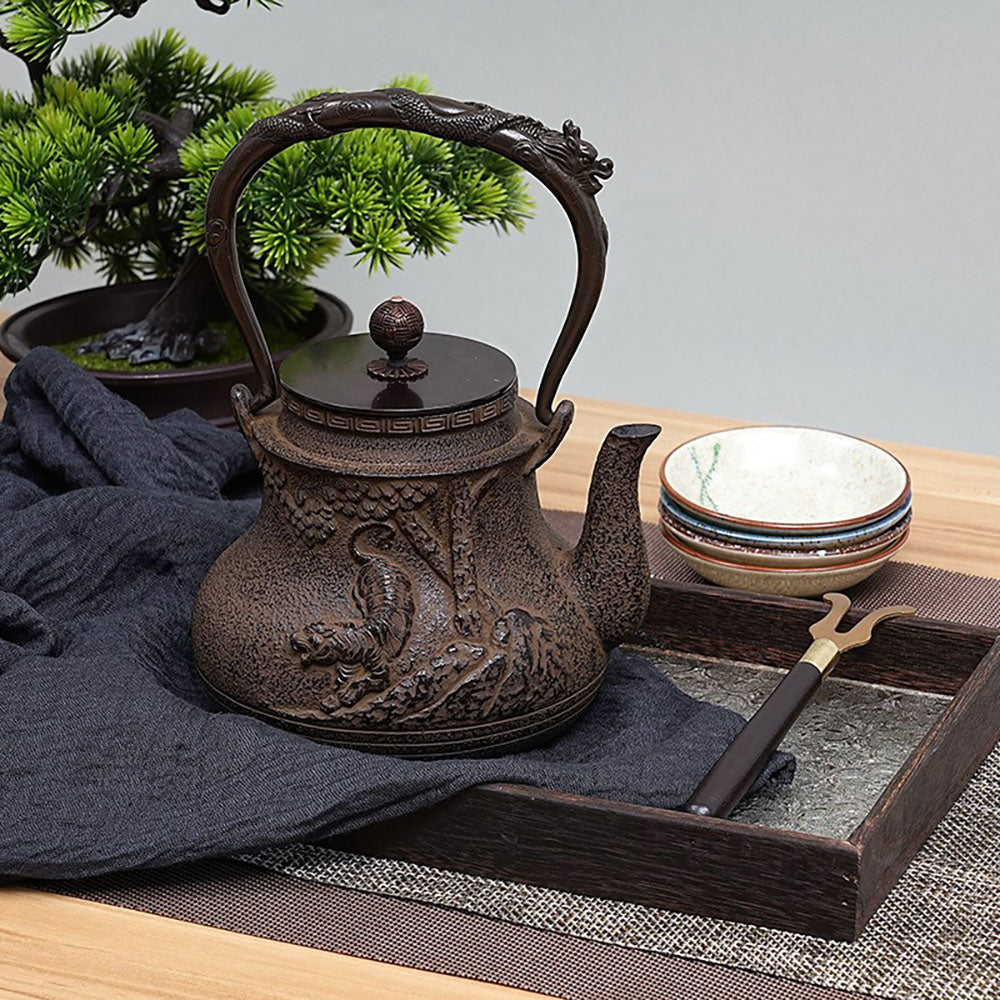 Cast Iron Teapot Tiger Dragon Relief Japanese 1300ml